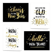 Modern Black And Gold New Year Greeting Cards / 24 Winter Holiday Cards With White Envelopes / 4 5/8" x 6 1/4" Faux Foil Cards / 4 Festive Designs