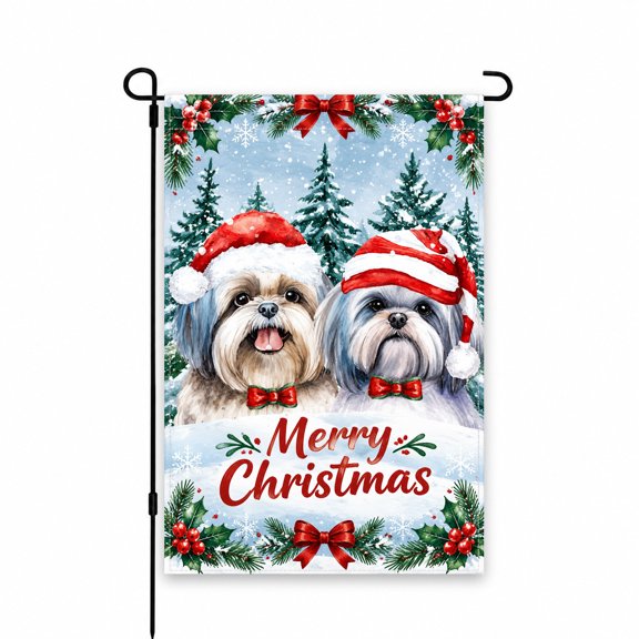 Festive Christmas Garden Flag 12x18, Cute Dogs in Santa Hats with Red Bows and Holly, Perfect for Holiday Yard, Lawn, and Patio Outdoor Decor