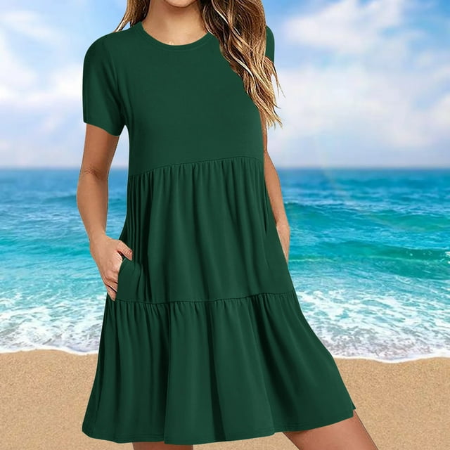 Robes d'Été Grande Taille pour Femmes 2024 Robe T-Shirt Décontractée à Manches Courtes Robes Mini à Étages avec Poches Économisez jusqu'à 65 %!