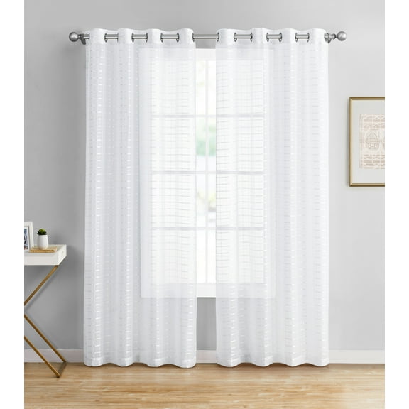 Single (1) Sheer Window Curtain Panel: 55" W X 84" L, Plaid/Check Design, Metal Grommet (White)