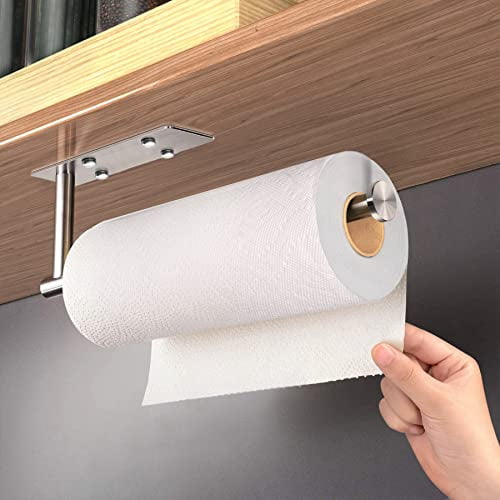 Under Cabinet Paper Towel Holder, Wall Mounted Kitchen and Bathroom Roll Holder with Damping Effect, Brushed Silver Stainless Steel