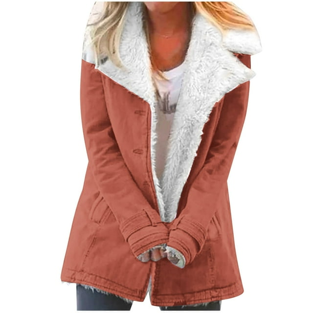 Qertyioot Womens Winter Fleece Jacket Fashion Long Sleeve Pocket Plush Button Coat