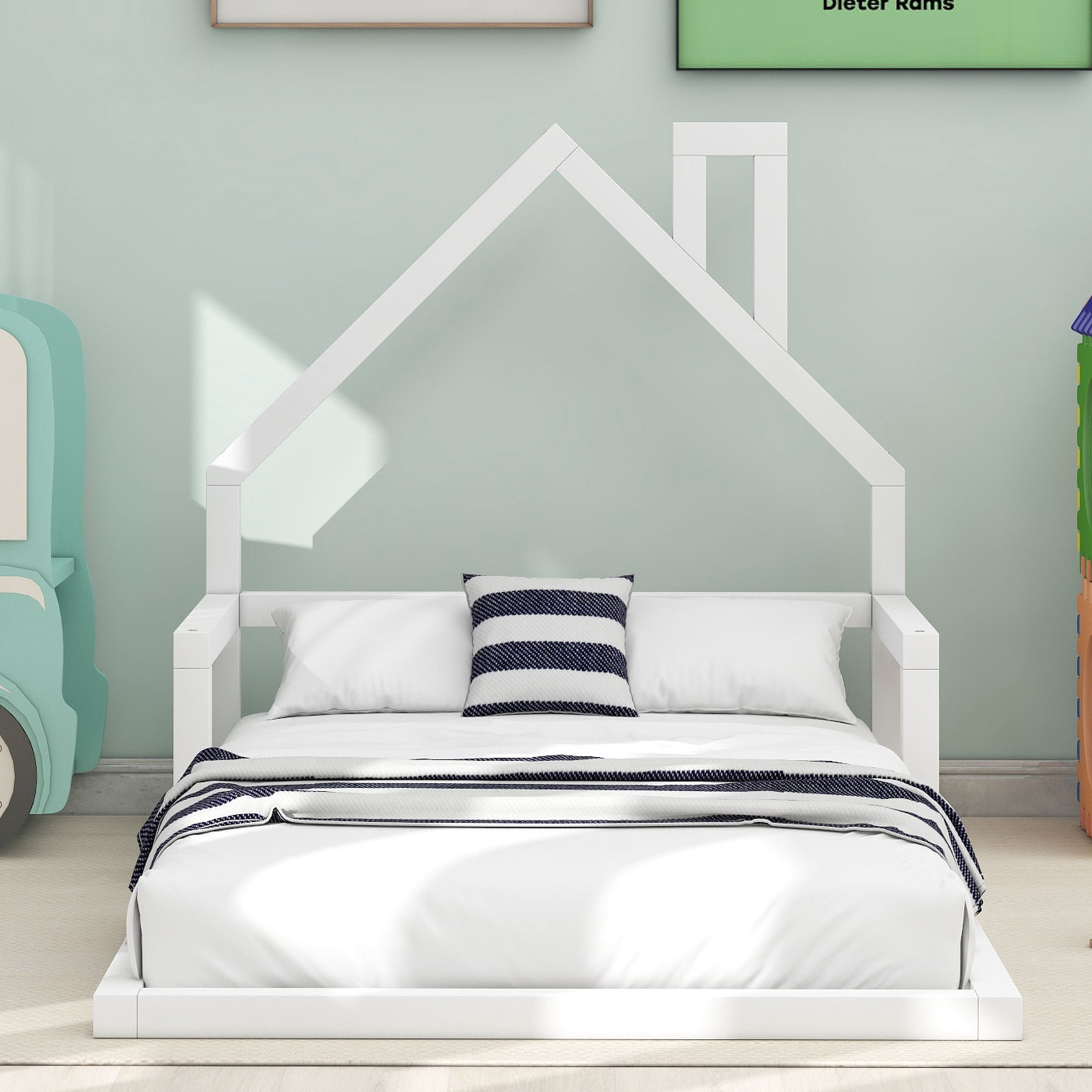 Noble House Twin Wood Floor Bed, Montessori House-Shaped Headboard with Chimney Detail, Safety for Kids, White