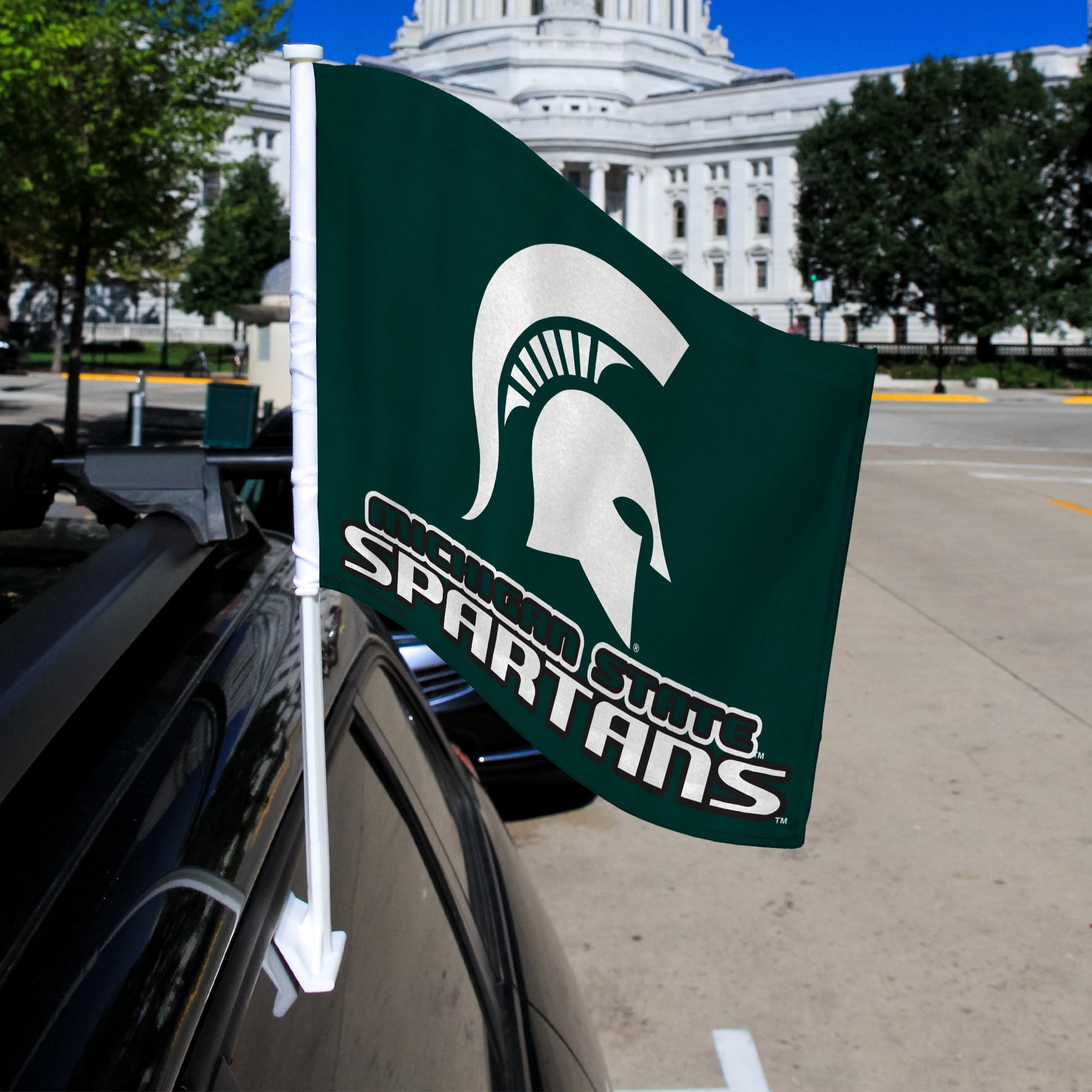 Rico Industries Michigan State  College Double Sided Car Flag -  16" x 19" - Strong Pole that Hooks Onto Car/Truck/Automobile