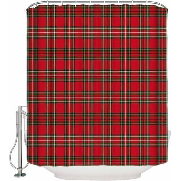 Christmas Shower Curtain, Christmas Red And Green Buffalo Plaid Washable Shower Curtain With Hooks Bath Decor Fabric Shower Curtains For Bathroom, Hotel, Stalls, Bathtubs 48"W x 72"L