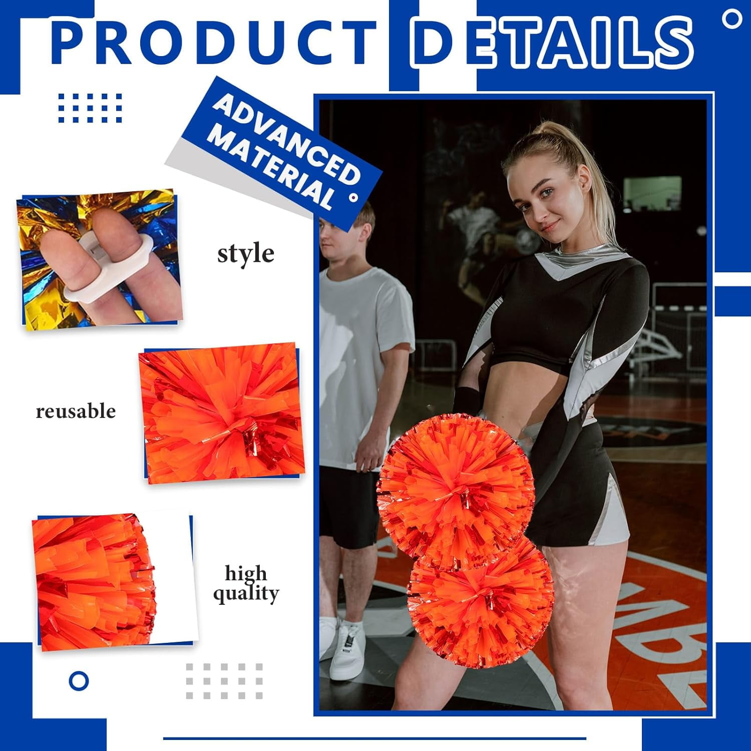 8 PCS Metallic Cheerleading Pom Pom for Team Spirit Sports Dance Cheering Kids Adults-Ring Style