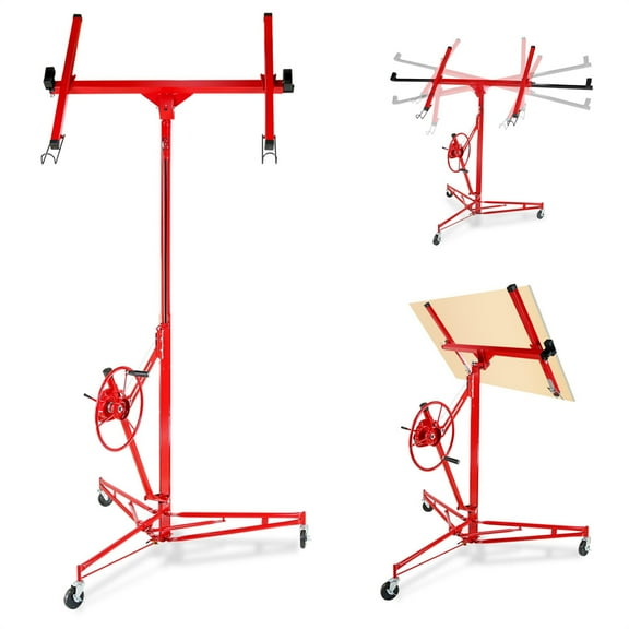 Drywall Lift 16FT, 150lb Capacity Heavy Duty Sheetrock Hoist w/Telescopic Arm & Locking Wheels, Steel Panel Lifter for Ceiling, Construction, One-Person Drywall Installation