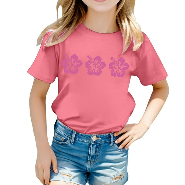MEZZALL T-Shirt pour Filles Tout-Petits Imprimé Floral Col Rond Manches Courtes T-Shirt Décontracté Confort, 12-13 Ans