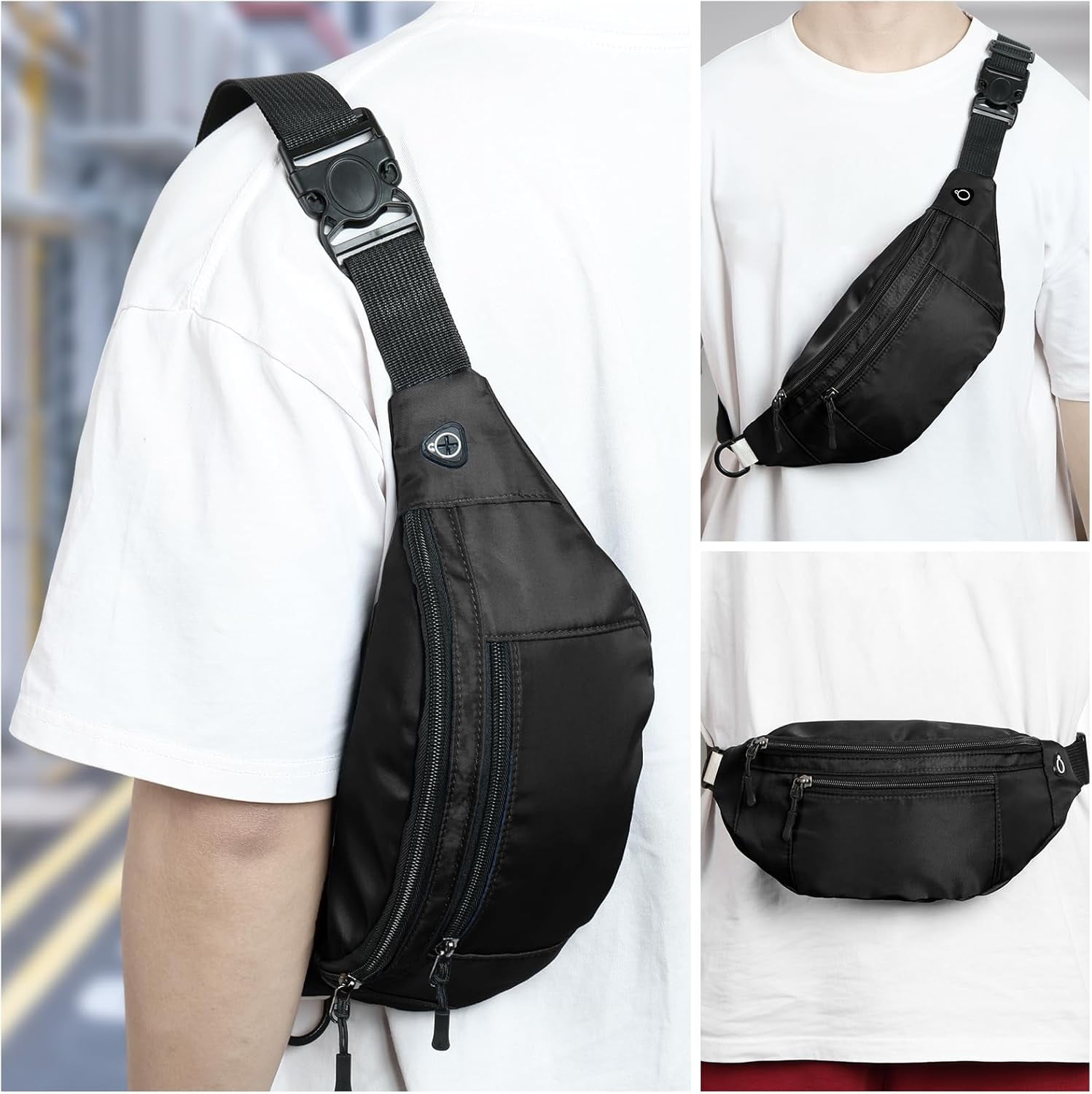 Kwuty 10PCS Crossbody Fanny Pack Large Capacity Waist Bag with Hidden Zipper Pockets Adjustable Strap Fanny Packs Waterproof Oxford Cloth Travel Belt Bag for Outdoor Shopping Travel Men Women,Black