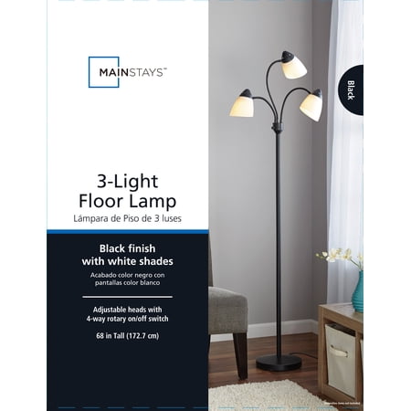 Mainstays 3 Head Adjustable Floor Lamp, Black with White Plastic Shades, Classic, Young Adult, Adult use.