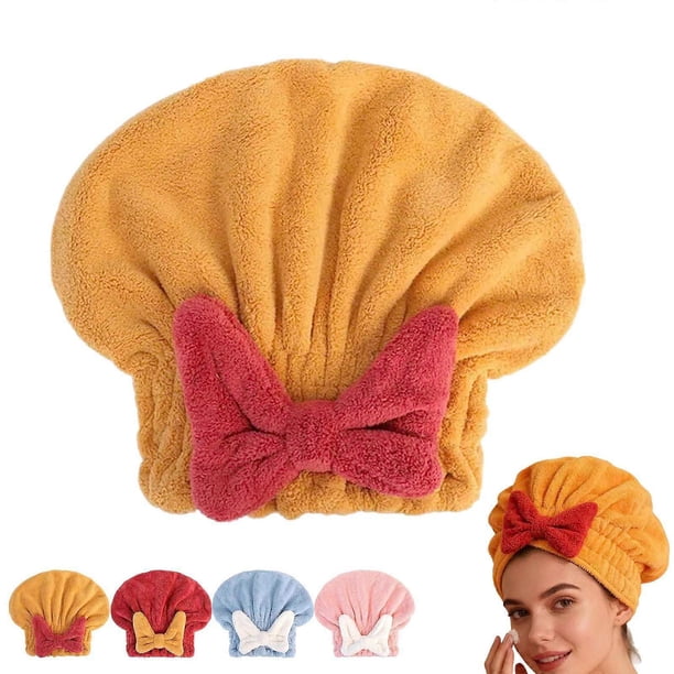 Toalla para el cabello para mujer, gorro de microfibra suave para secar el cabello con un lindo lazo, de rápida absorción, color amarillo.