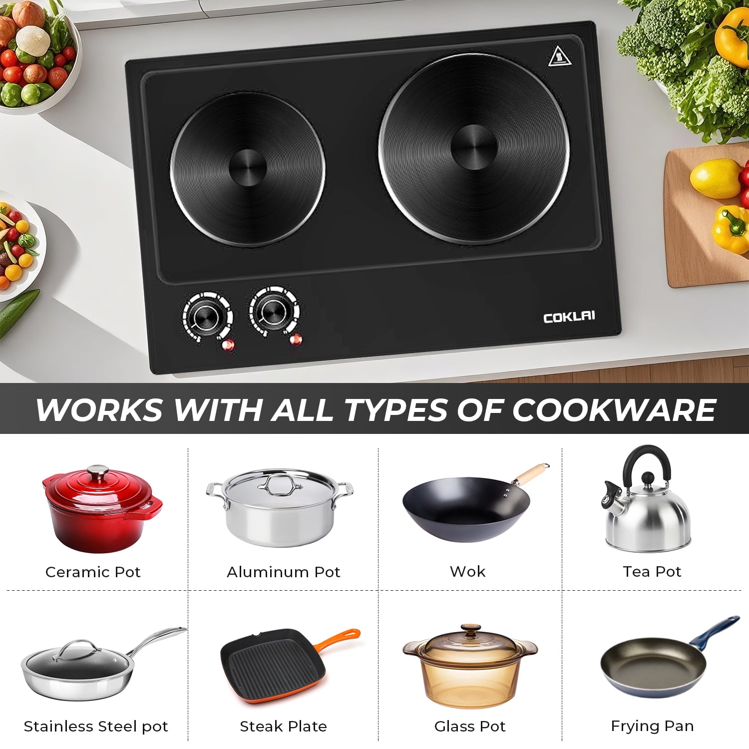 Coklai 1800W Portable Double Burner Hot Plate, Stainless Steel Countertop Electric Cooktop, Easy-to-Clean Silver Design, 2026 Version 24-month warranty