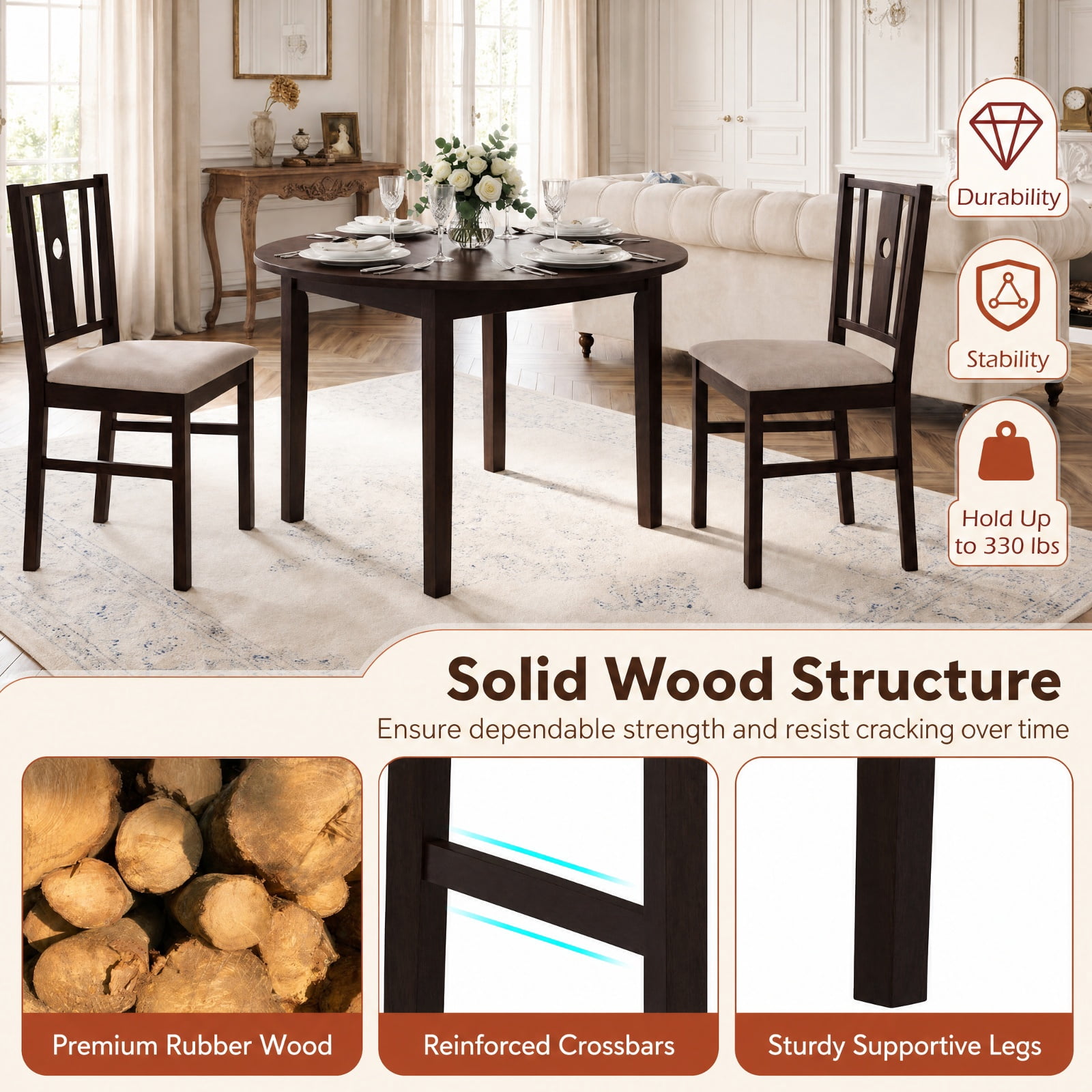 Furnibear Set of 2 Rubber Wood Kitchen Chairs with Fabric Padded Seat and Slatted High Back for Dining Room and Kitchen, Coffee