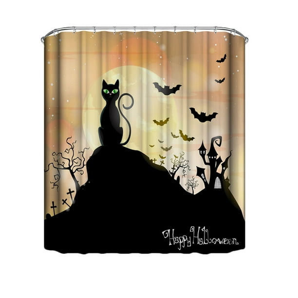 Yhmxh Decoración del baño Cortina de ducha de poliéster con diseño de gatos negros, acuarela, color naranja y amarillo, decorativa para Halloween, con 12 ganchos para baño.