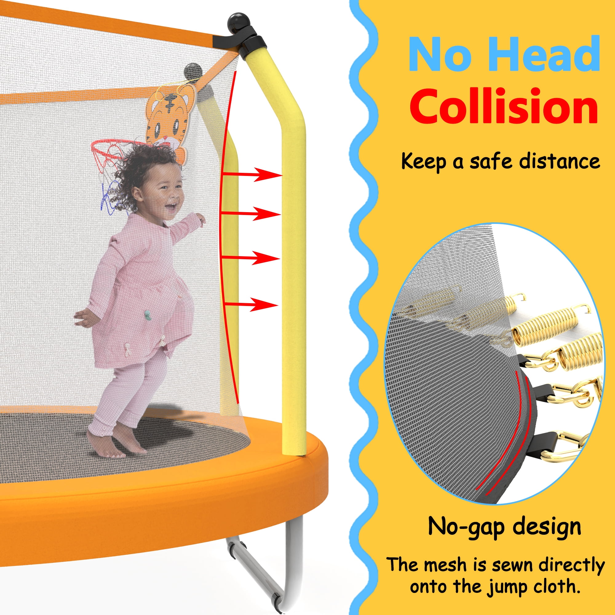 Leumius 55inch Trampoline for Kids, Outdoor Mini Trampoline with Enclosure and Basketball Hoop, Yellow