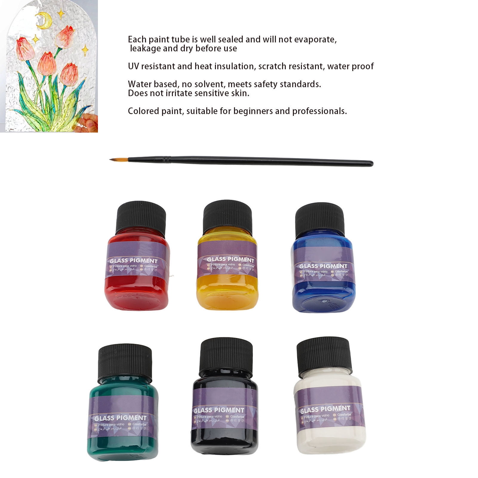 Riousery 6 Color Glass Paint Set, 30ml / 1 oz Water Proof UV Proof Leakage Proof Pigment Set for Beginners and Professionals, Gallery DIY Art Craft Supply, Transparent Permanent Window Painting Kit