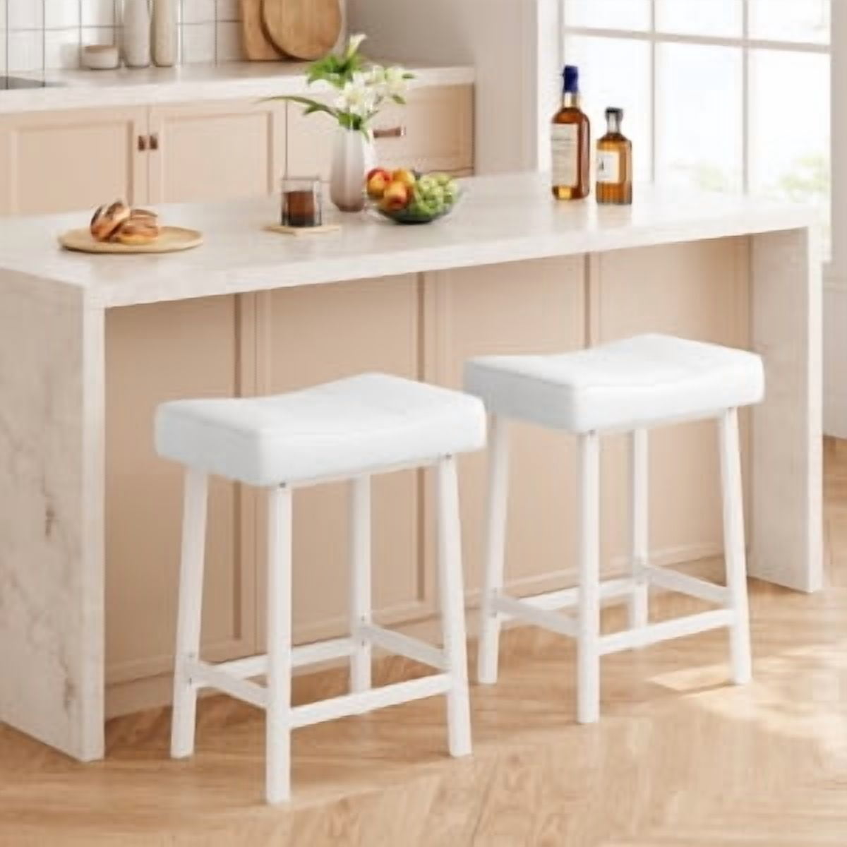 Acekid Bar Stool Set of 4&nbsp;– 24 Inch Counter Height, Upholstered Padded Seat with Curved Surface, Ergonomic Saddle Design for Kitchen/Home, White + White Cushion