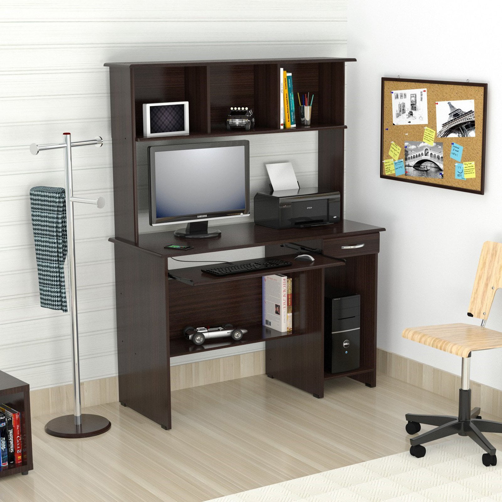 Inval Traditional Computer Desk and Hutch, Espresso