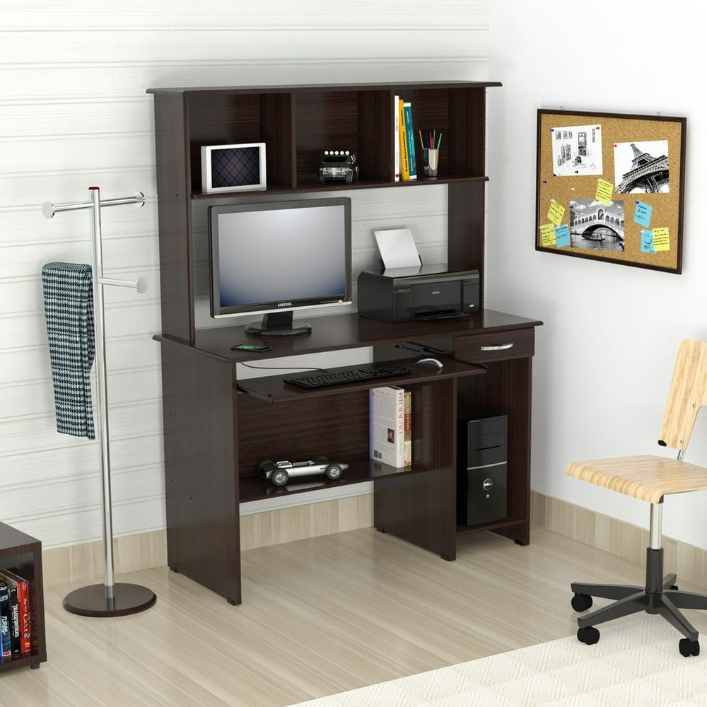 Inval Traditional Computer Desk and Hutch, Brown