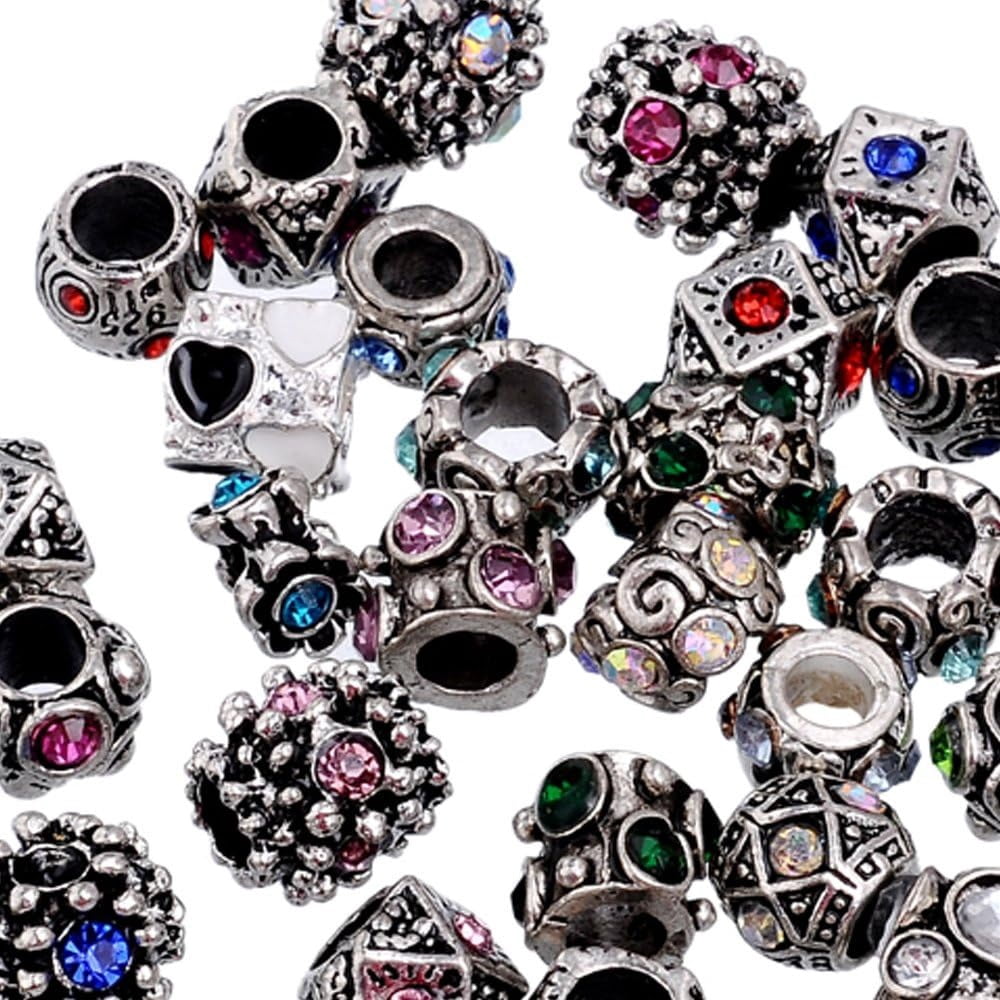 200Pcs Mix Assorted Crystal Silver Color Metal Charm Beads Jewelry Making
