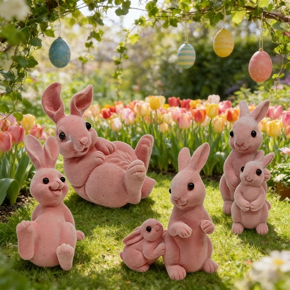 AZXY Easter Bunny Decorations, 6.89" Pink Flocked Resin Rabbit Figurine Set (Parent & Child), Cute Tabletop Decor for Home Office Indoor Party, Festive Holiday Ornament Gift for Spring Decor
