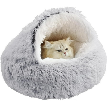 something different Cat Bed Round Plush Fluffy Hooded Calming Cat Bed Cave (Gradual Grey)