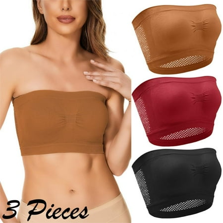 Women Strapless Bandeau Bra Seamless Stretchy Bralettes Padded Bandeau Tube Top Bra  S to Plus Size 6XL  Black+Red+Coffee