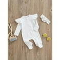 thumbnail image 3 of Xingqing Newborn Baby Girl Fall Clothes Solid Color Ribbed Long Sleeve Zip-Up Footed Romper + Headband Set, 3 of 7