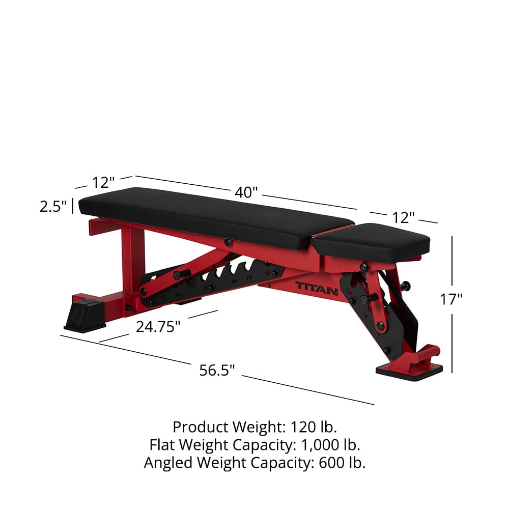 Titan Fitness TITAN Series Red Adjustable Bench, Supports 600 LB Incline, 1,000 LB Flat