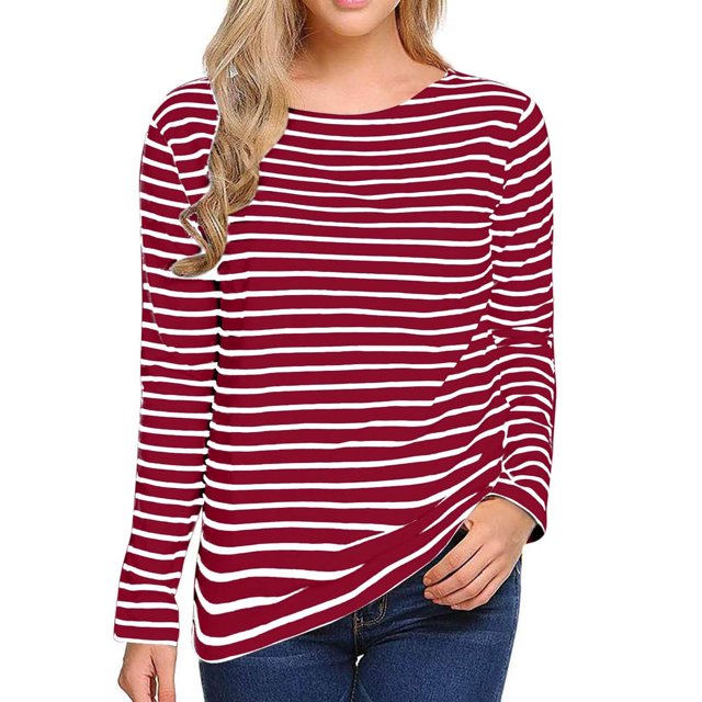 Jienlioq Hauts Grande Taille pour Femmes Mode Décontractée Couleur Unie Imprimée Col en V Manches Longues Blouses Rayées Décontractées T-Shirt Col Rond