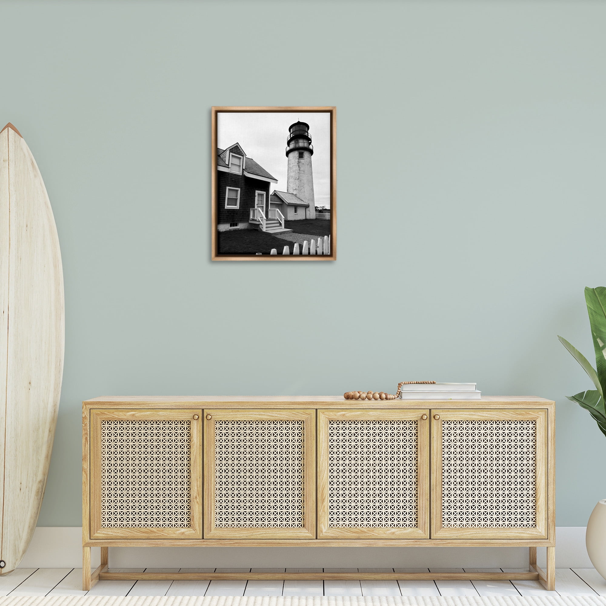 Stupell Industries Coastal Lighthouse with Fence Nature Photography Brown Floater Framed Canvas Art Print Wall Art, 25 x 31