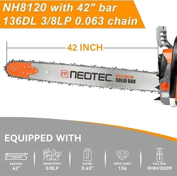 120cc Gas Powered Chainsaw 42 Inch Bar 8.4HP 6.2KW 2-Cycle Large Engine Gasoline Saw for Tree Cutting Firewood Logging Farming Ranching Land Clearing Timber Harvesting Heavy Duty Professional Motosi