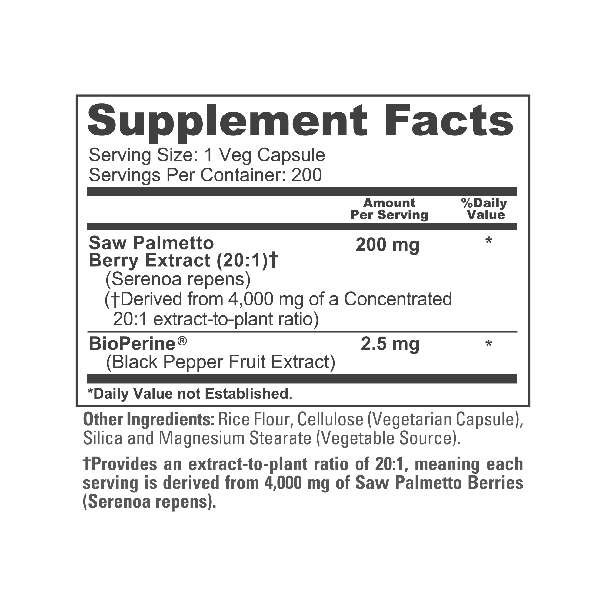NusaPure Saw Palmetto 20:1 Extract, 200 mg Equivalent to 4,000 mg per Veggie Caps 200 Count Non-GMO, Vegan, Vegetarian, Dietary Supplement, Enriched with Bioperine for Unisex Adult Heath & Wellness