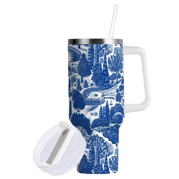 Yayeee 40oz Stainless Steel Tumbler with Straw and Handle Double-Wall Insulated Travel Water Bottle, Blue Garden Pattern