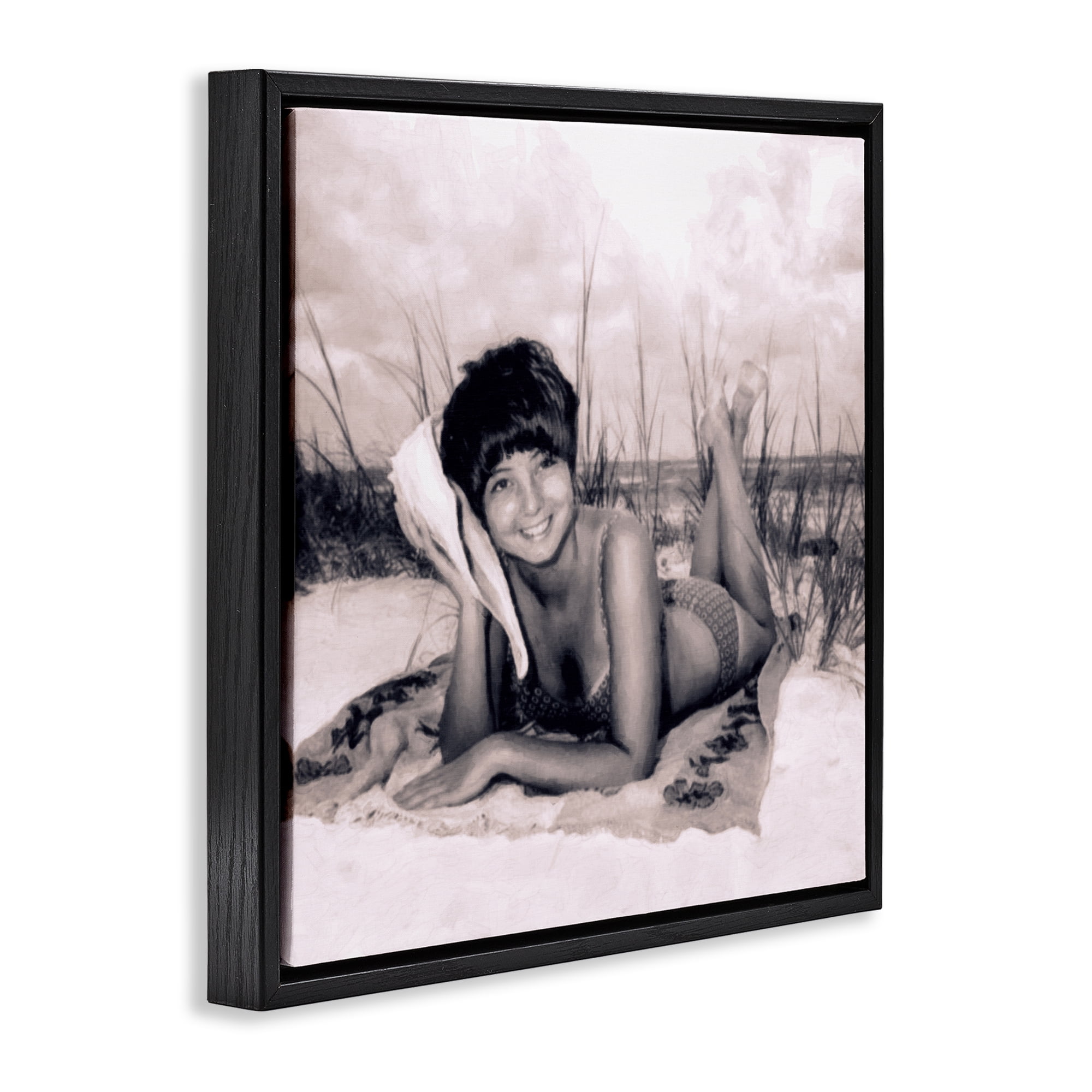 Stupell Industries Vintage Summer Girl with Conch Black Framed Floater Canvas Wall Art, design by Grotto Studios