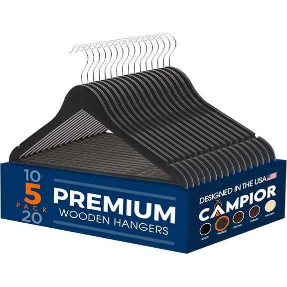 Vintage Wooden Hangers 5 Pack – Heavy-Duty with 360° Swivel Hook, Non-Slip, Pants Bar & Shoulder Grooves - Wooden Hangers for Suits, Jackets, Dresses & Camisoles, Space-Saving and Smooth Finish
