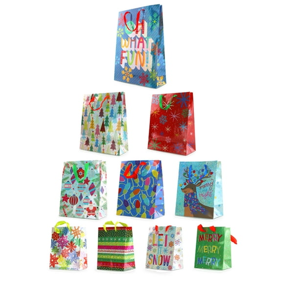 Fifth Ave Kraft Christmas Hologram Gift Bags with Ribbon Handles, Assorted Sizes, 10 Pack