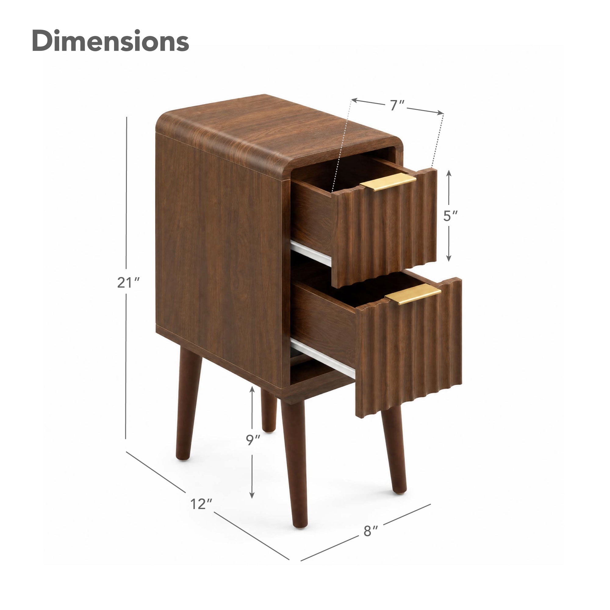 Spruce & Spring Mid-Century Modern Fluted Narrow Nightstands with 2 Drawers & Gold Handles for Bedroom, End Table for Small Spaces, Walnut