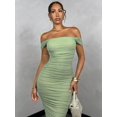 thumbnail image 5 of Mint Green Off Shoulder Ruched Midi Dress Bodycon Fit Evening Cocktail Dress, 5 of 5