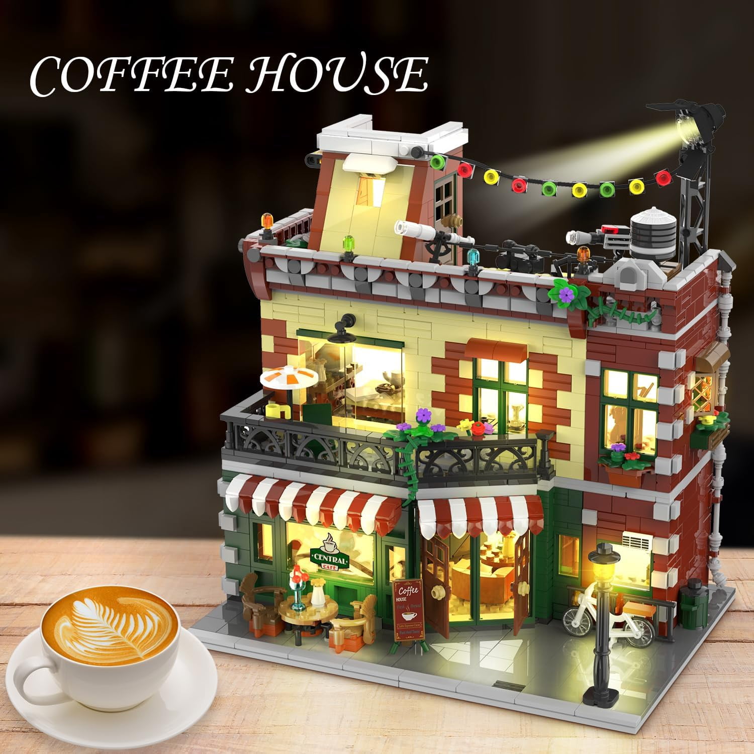 TERRAMUS Cafe Shop Building Kit with LED Light, 1589 Piece City Street View Building Blocks Set, Coffee House Construction Toy for Ages 12+