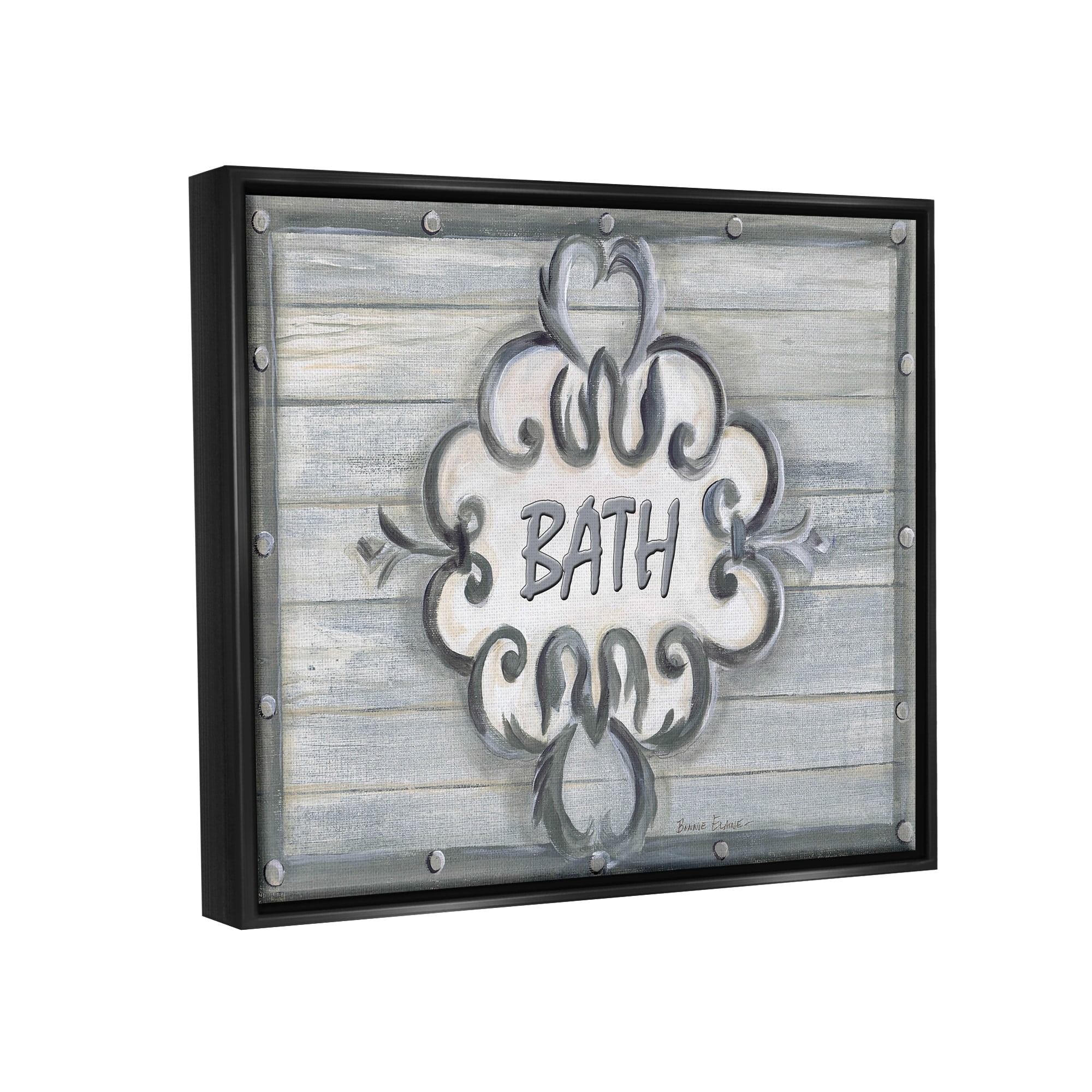 Stupell Industries Bath Grey Bead Board with Scroll Plaque Bathroom Jet Black Framed Floating Canvas Wall Art, 16x20, by Bonnie Wrublesky