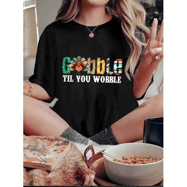 1pc Women'S Casual Round Neck Short Sleeve T-Shirt with Creative "Gobble Til You Wobble" Turkey Print, Polyester Knit Fabric, Animal Pattern, Comfortable All-Season Top