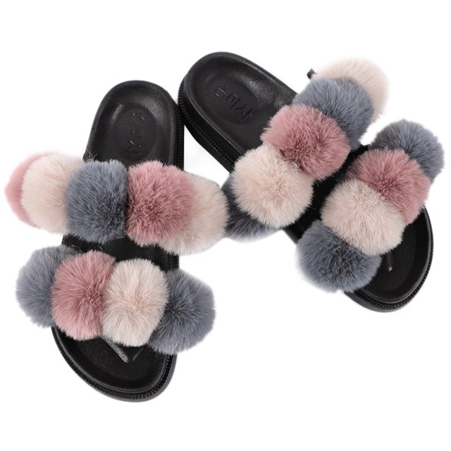 Women Furry Slippers Fashion Pom Pom Ball Faux Fur Slippers Fluffy Sandals