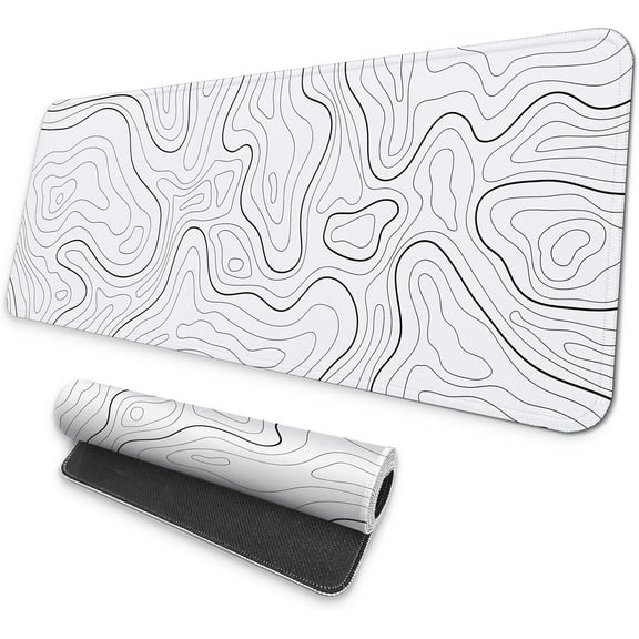 Large Gaming Mouse Pad, Full Keyboard Mat, Long Laptop Mousepad, Computer Mouse Mat for Home and Office, Anti-Slip Rubber Base, 31.5 x 11.8 Inches (Grey White Topographic Map)