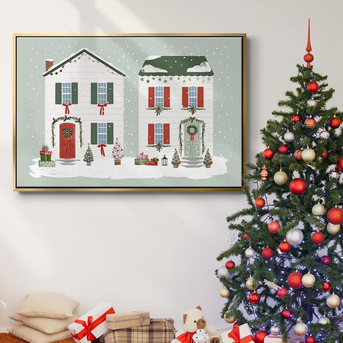Festive Front Door Collection A - Framed Gallery Wrapped Holiday Canvas - 25 x 37 - Gold Frame
