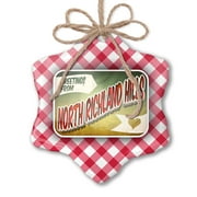 Christmas Ornament Greetings from North Richland Hills, Vintage Postcard Red plaid Neonblond