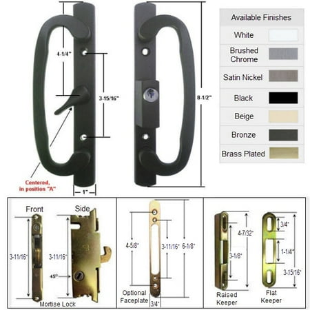 Sliding Glass Patio Door Handle Kit with Mortise Lock and Keepers, A-Position, Centered Latch Lever, Black,