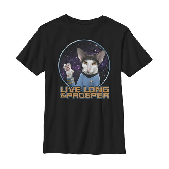 Boy's Star Trek Cat Spock Live Long And Prosper  Graphic Tee Black Large