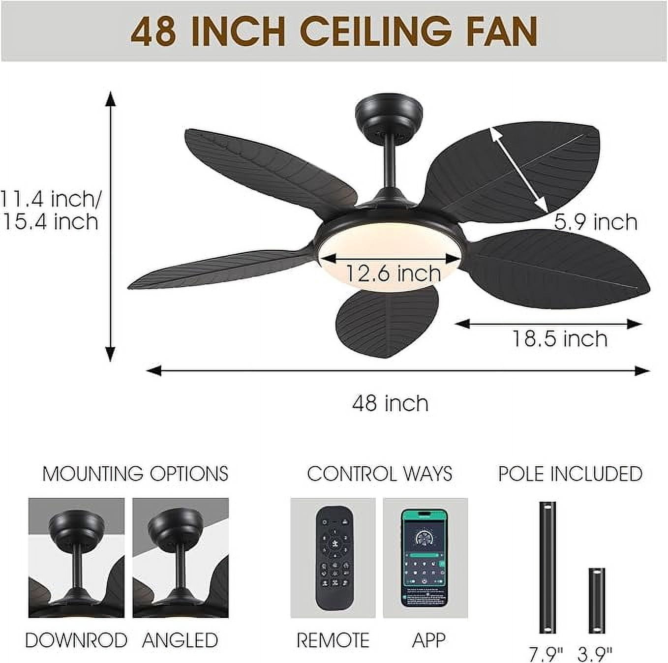 BayDay 48 Inch Tropical Ceiling Fan with Lights & Remote Control, APP Operable, 6 Speeds, Dimmable LED, Reversible Palm Leaf Fan for Bedroom, Living Room, Patio, Porch, Modern Black