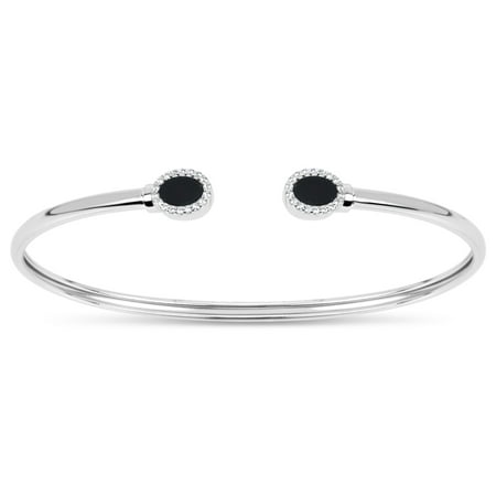 3mm Double Black Onyx and White Cubic Zirconia Sterling Silver Rhodium Plated Oval Memory Open Cuff Bangle